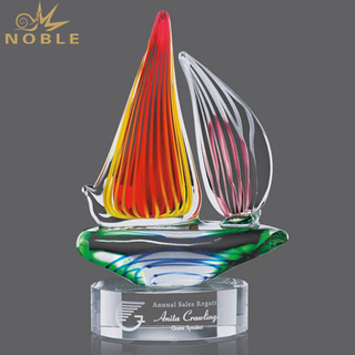Colorful Ship Art Hand Blown Glass Trophy 