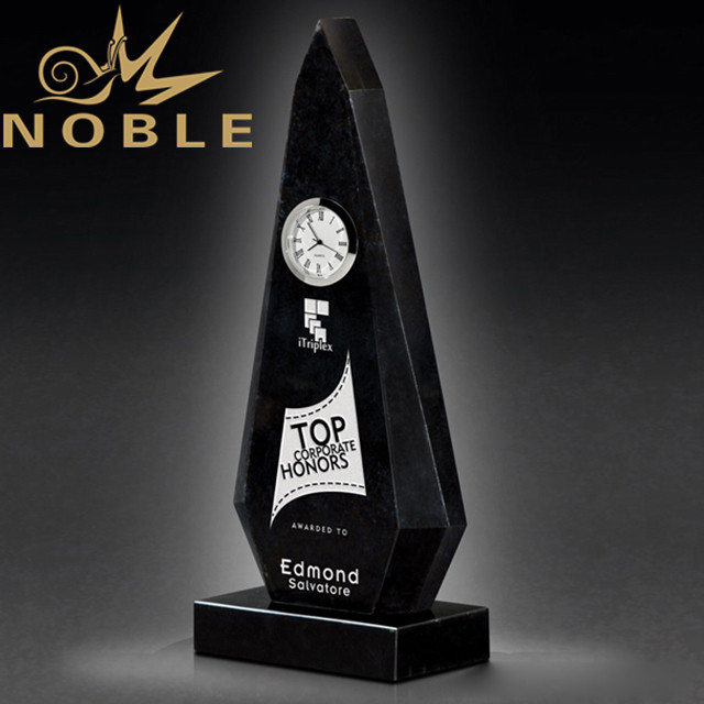 Polished Ebony Stone Black Crystal Plaque with Silver Clock