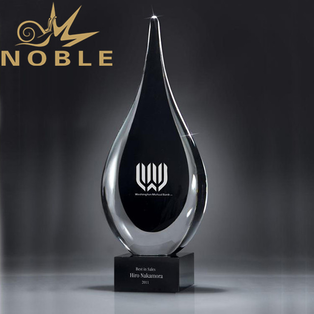 46---NB-AWA127 Creative Glass Tear Drop Art Glass Award on Black Glass Base 12.5&rdquo;