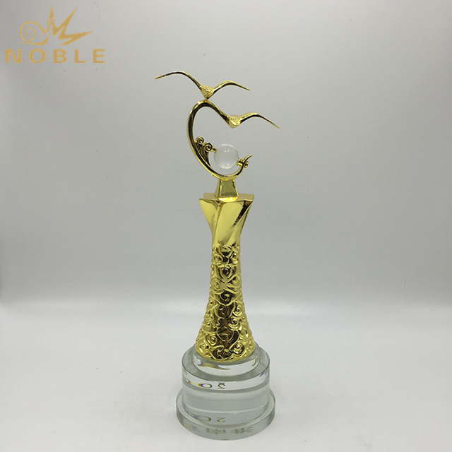 Chinese Character Metal Gold Birds Figurine Trophy