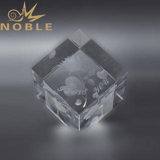 Cut Corner Crystal Cube with 3d Laser Rose Flower 