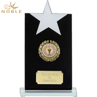 Noble Black Crystal Trophy With Metal Star, Metal Medal And Name Plate