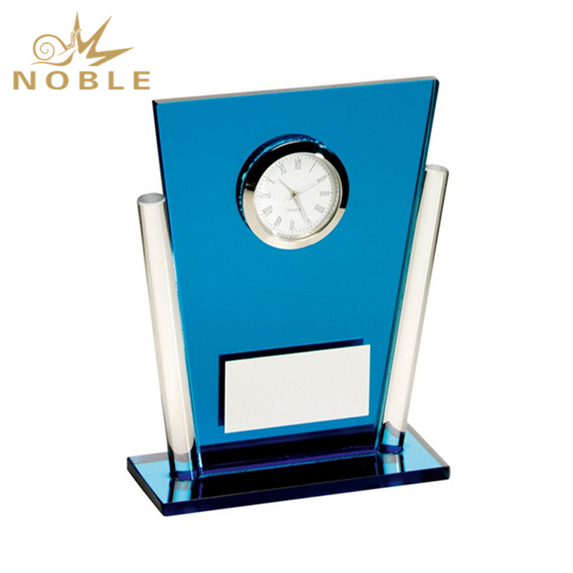 NB-CLC001---001 Blue & Clear Glass Tapered Rectangle Clock Trophy 13.5cm