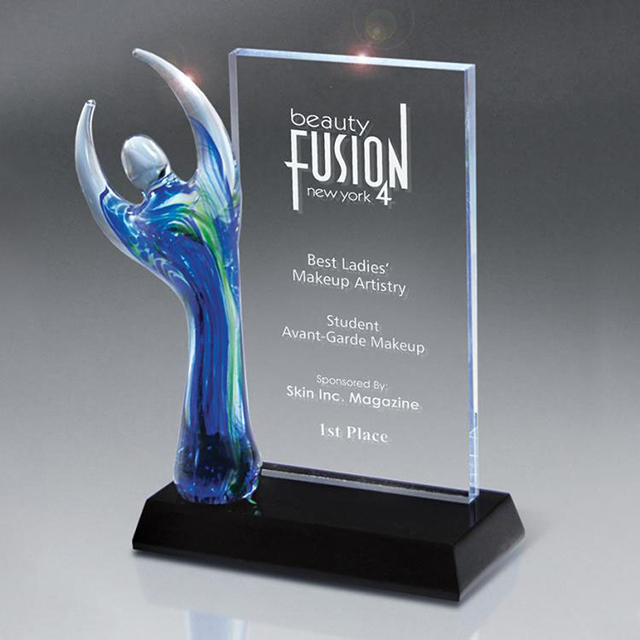NB-GCD272---NB-AWA107 Translucent Art Glass Figure on Billboard Style Award 11.25”