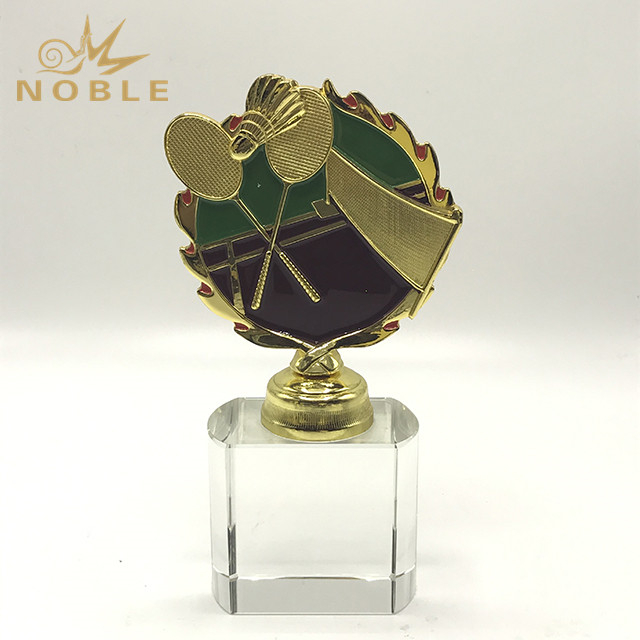 Gold Metal Badminton Trophy with Clear Crystal Base