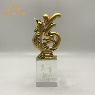 Decorative Gold Cock Metal Trophy with Clear Crystal Base