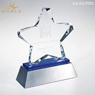 Noble Optical Crystal Trophy With Blue Sheet And Metal Base