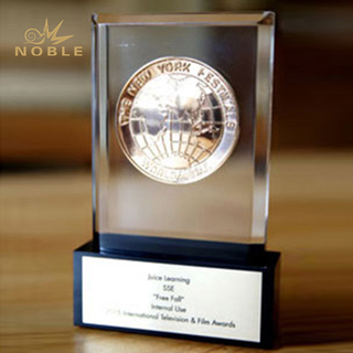 Custom Engraved Crystal Cube with Medal on Base