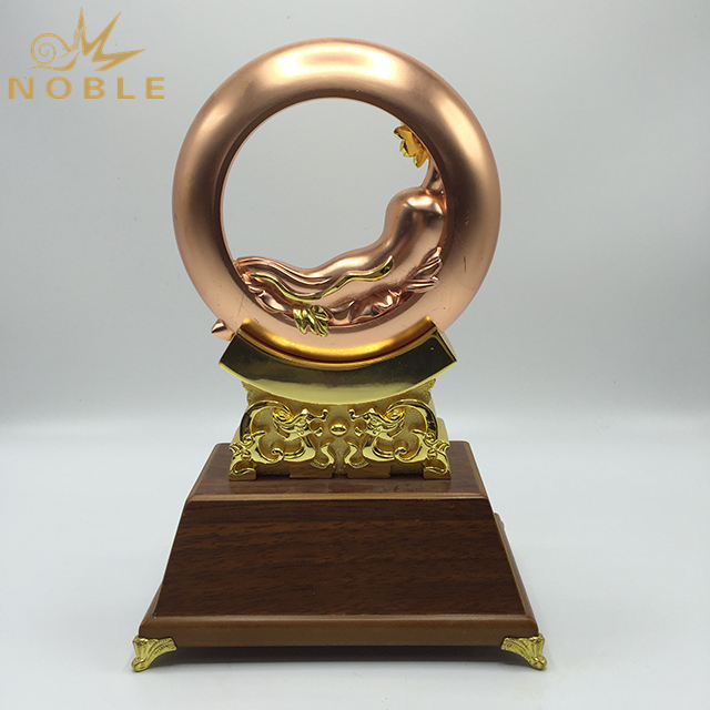 Chinese Metal Trophy Decoration With Wooden Base