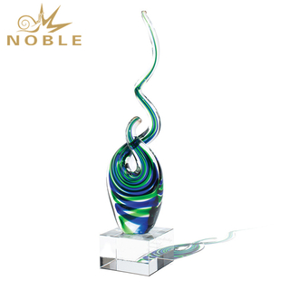Sapphire And Green Swirled Art Glass On Optic Crystal Base