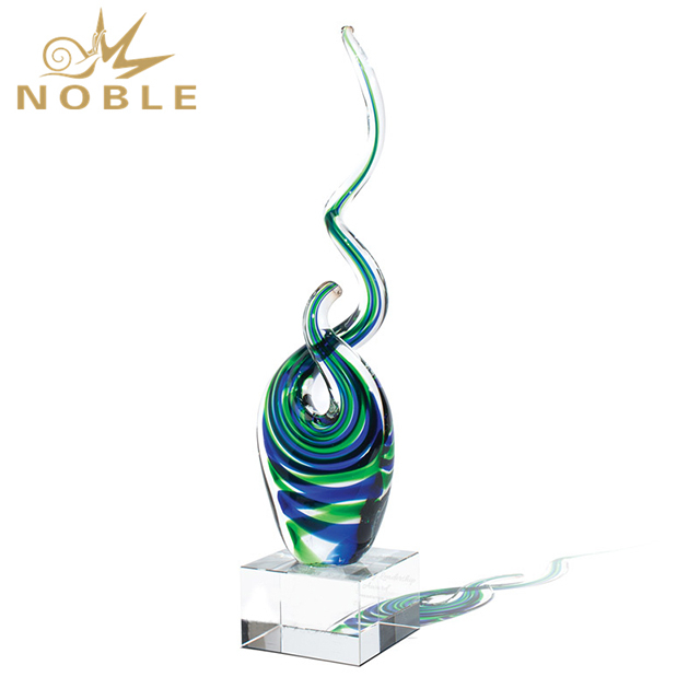 Sapphire And Green Swirled Art Glass On Optic Crystal Base