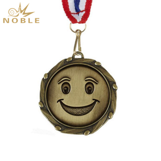 Happy Face Medal Gold With White Blue & Red Ribbon 