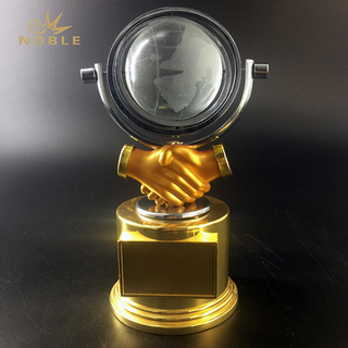 Metal Shake Hands Trophy with Rotating Globe