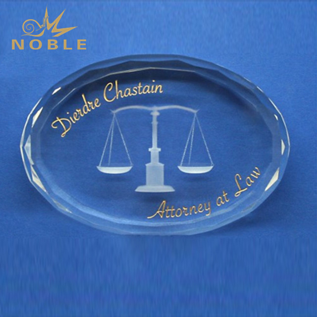 Scale of Justice Oval Gem Cut Crystal Paperweight 