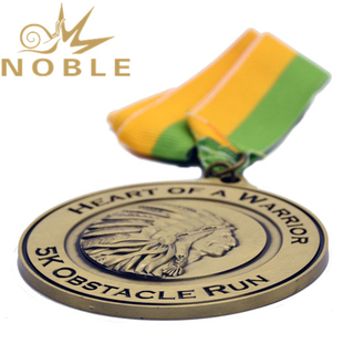 Antique Gold Metal Medal With Colored Ribbon