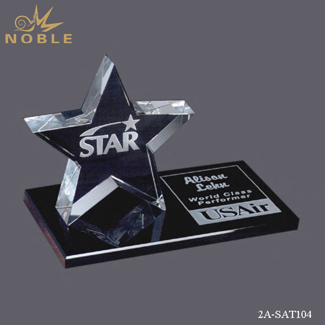Star Shaped Black Crystal Trophy With Engraved Black Base