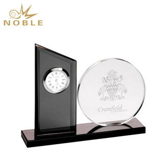 Clear & Black Glass Clock Award with Round Glass Plaque