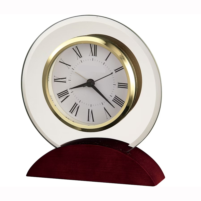 Noble Manufacturer Glass Clock With Red Wood Base Business Gift Customized Bespoke Logo Office Decoration Trophy Award Hand Craft Desk Gift