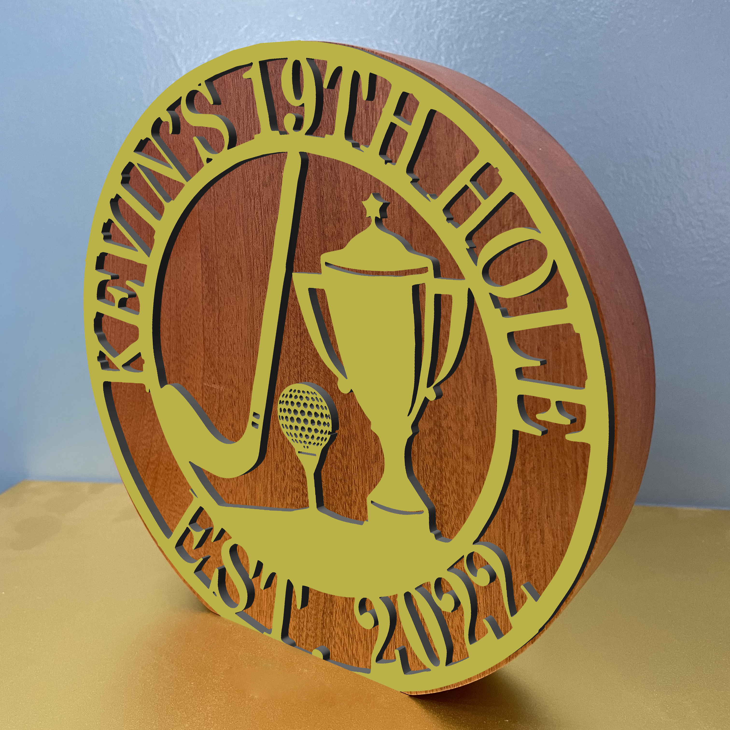 Noble High Quality Gold Metal Golf With Wood Business Gift Sports Awards Custom Bespoke Logo Golf A Hole in One Trophy