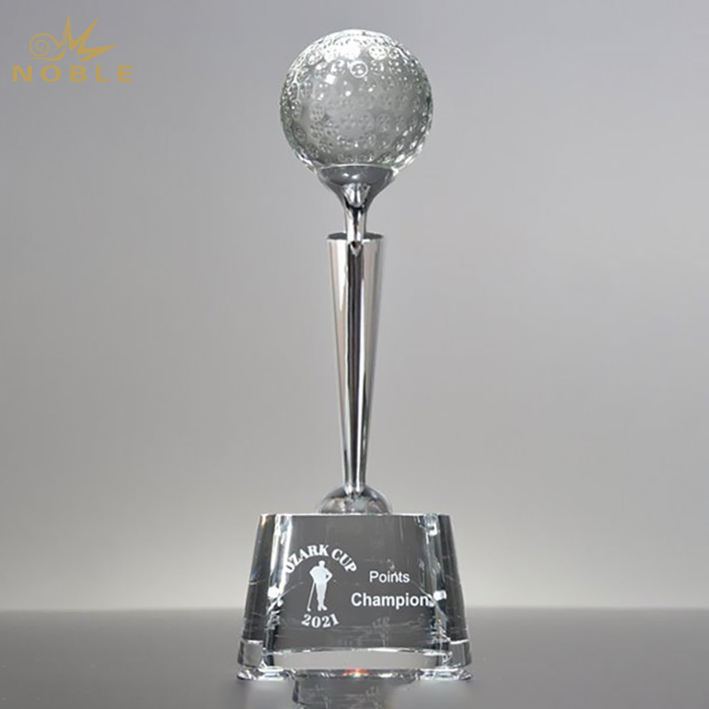 Noble Round Crystal Face And Crystal Golf Ball & Tee Mounted on Black Crystal Base Golf Trophy Award