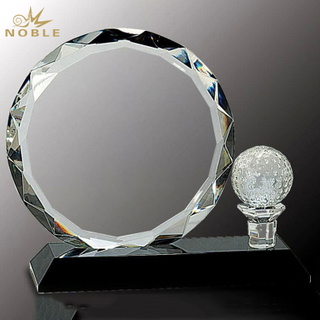 Noble Round Crystal Face And Crystal Golf Ball & Tee Mounted on Black Crystal Base Golf Trophy Award