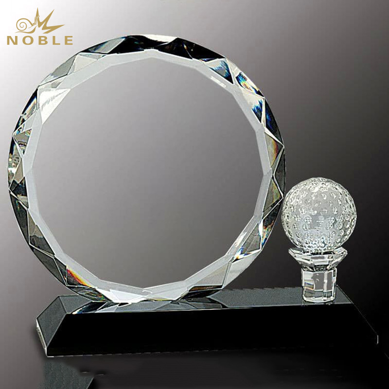 Noble Round Crystal Face And Crystal Golf Ball & Tee Mounted on Black Crystal Base Golf Trophy Award