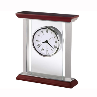 Noble Manufacturer Glass Clock With Red Wood Base Business Gift Customized Bespoke Logo Office Decoration Trophy Award Hand Craft Desk Gift