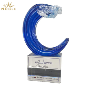 Noble Crystal Base Ocean Waves Art Glass Trophy Award Custom Logo Promotional Achievement Anniversary Business Gift Hand Craft
