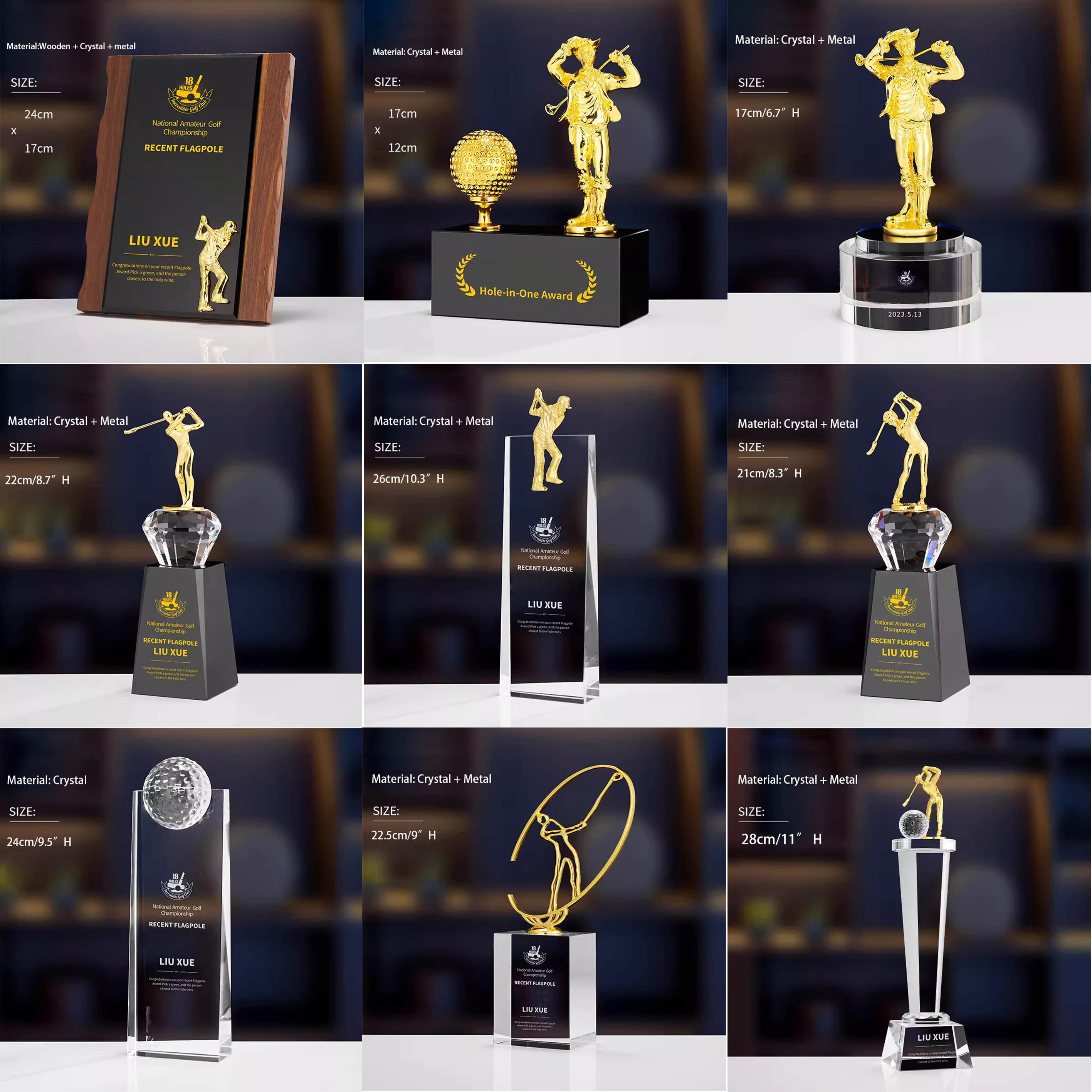 Noble High Quality K9 Crystal Business Gift Sports Awards Custom Bespoke Logo Golf A Hole in One Trophy Hand Craft