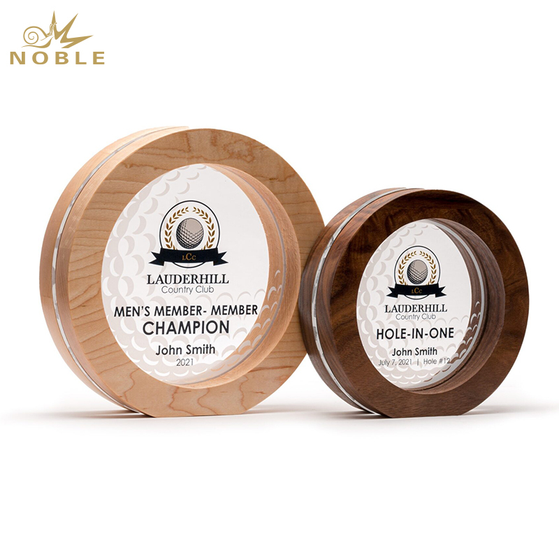 Noble Manufacturer Round Circle Crystal Wood Sports Gift Custom Bespoke Logo Golf Trophy Awards Hand Craft