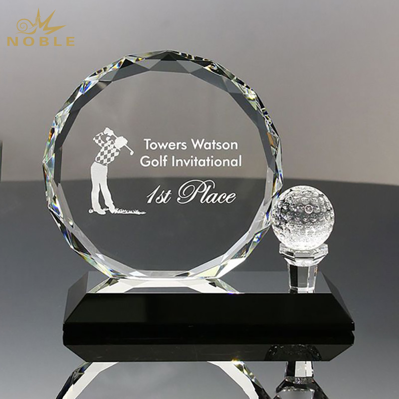 Noble Round Crystal Face And Crystal Golf Ball & Tee Mounted on Black Crystal Base Golf Trophy Award