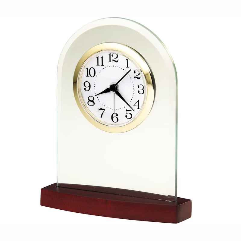 Noble Manufacturer Crystal Glass Clock With Red Wood Base Business Gift Customized Bespoke Logo Office Decoration Trophy Award Hand Craft Desk Gift