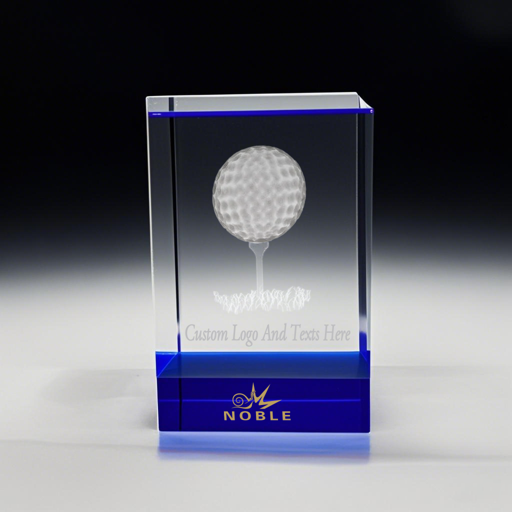 Noble High Quality 3D Laser Crystal Cube Golf Ball Golfer Sports Awards Custom Bespoke Logo Golf A Hole in One Trophy 