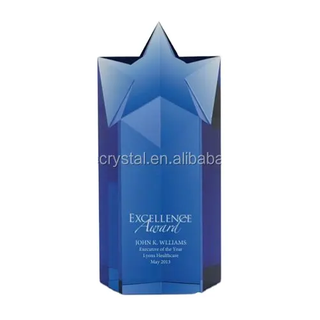 Elegant Blue Crystal Star Trophy With Engraved As Souvenir