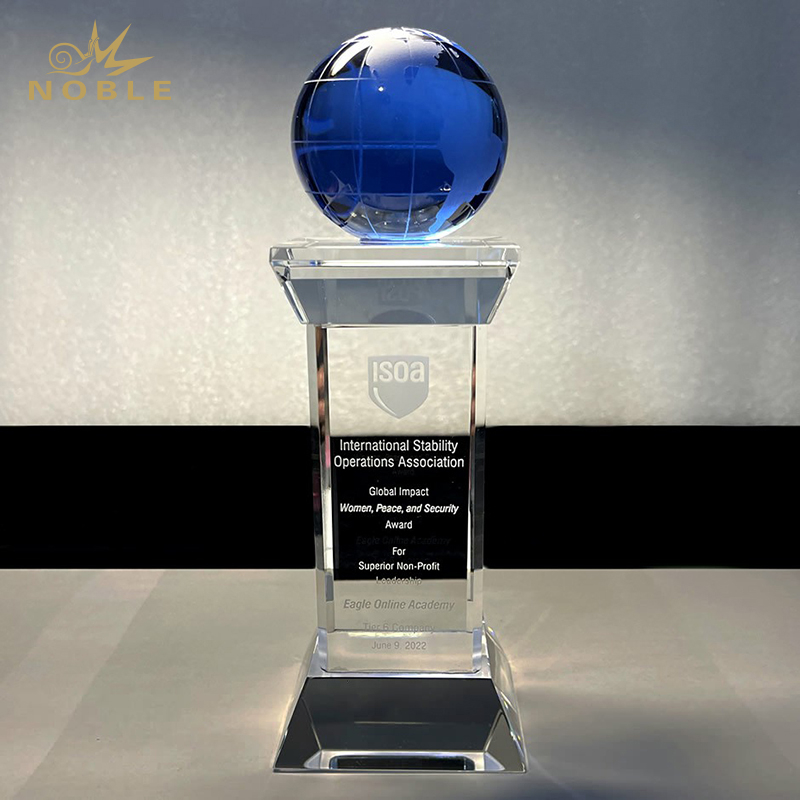 Custom Engraving Blue Crystal Globe Column Trophy 