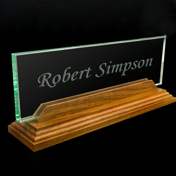 Jade Glass Desk plate with Walnut Base With Custom Bespoke Logo Promotional Business Gift Office Desk Decoration Hand Craft