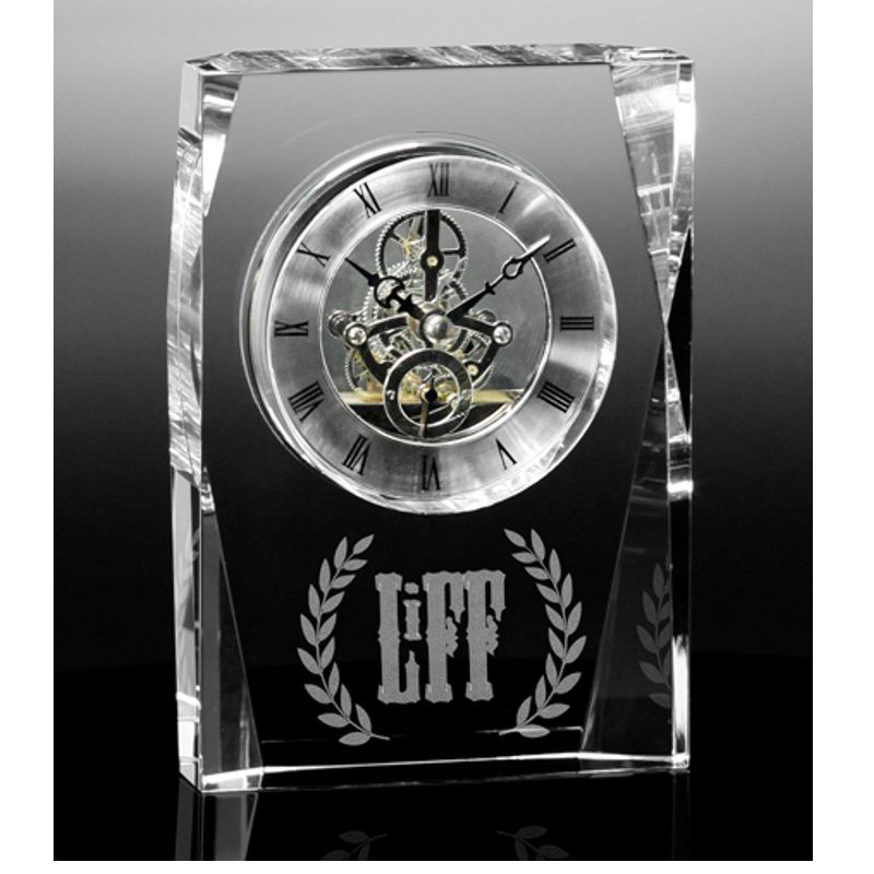 Noble Crystal Glass Clock Business Gift Customized Bespoke Logo Office Decoration Trophy Award Tabletop clock
