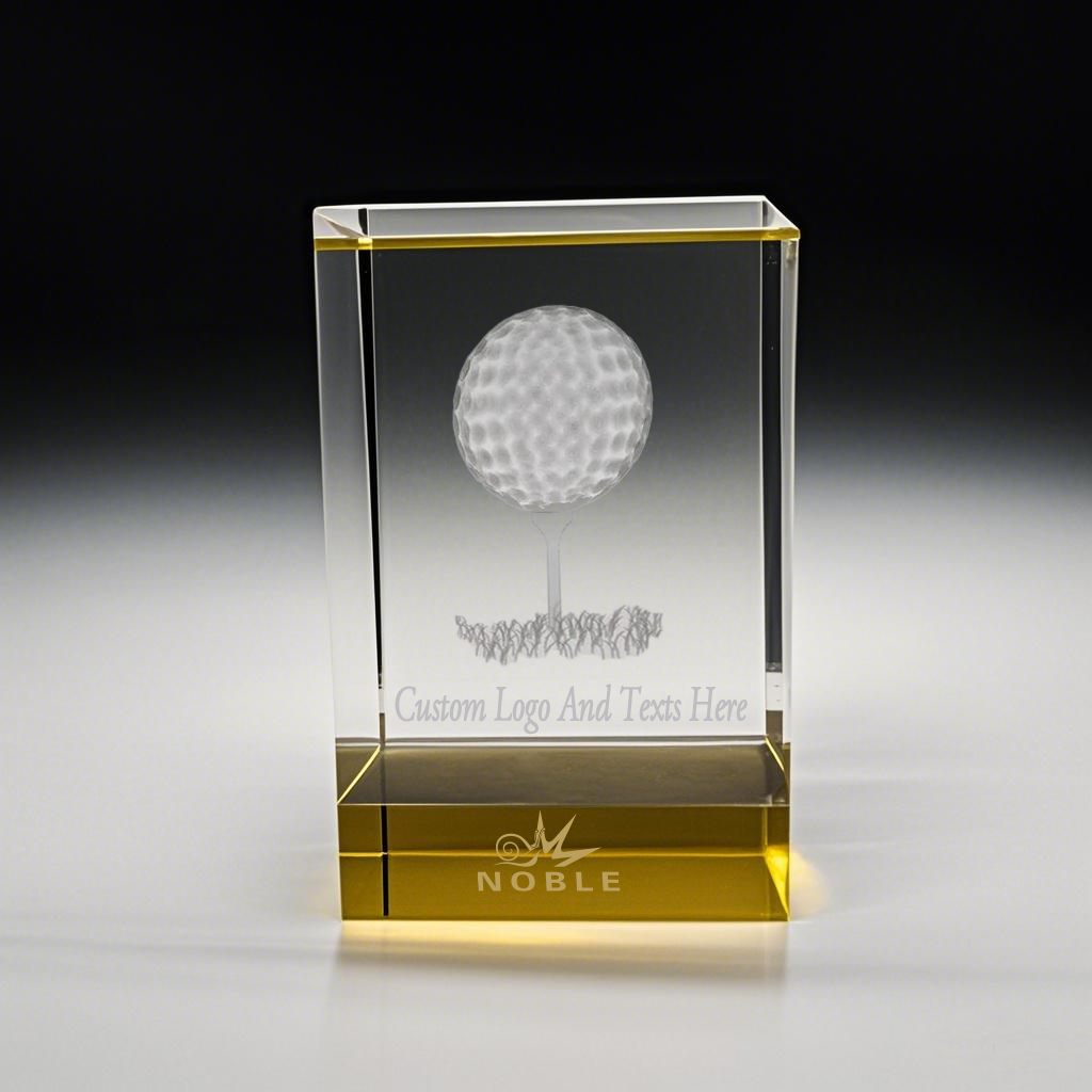 Noble High Quality 3D Laser Crystal Cube Golf Ball Golfer Sports Awards Custom Bespoke Logo Golf A Hole in One Trophy 