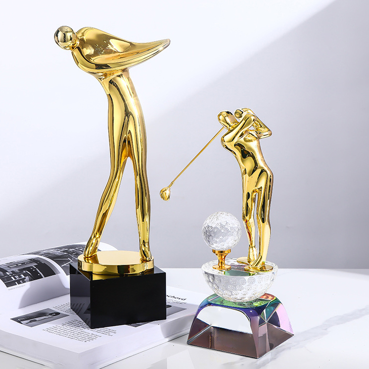 Noble High Quality Gold Metal Golf With Crystal Base Business Gift Sports Awards Custom Bespoke Logo Golf A Hole in One Trophy