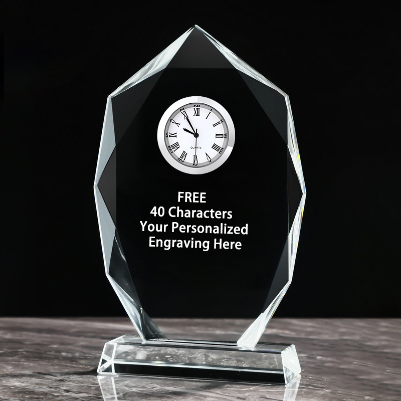 Noble Manufacturer Crystal Glass Clock Business Gift Customized Bespoke Logo Office Decoration Trophy Award Hand Craft Desk Gift