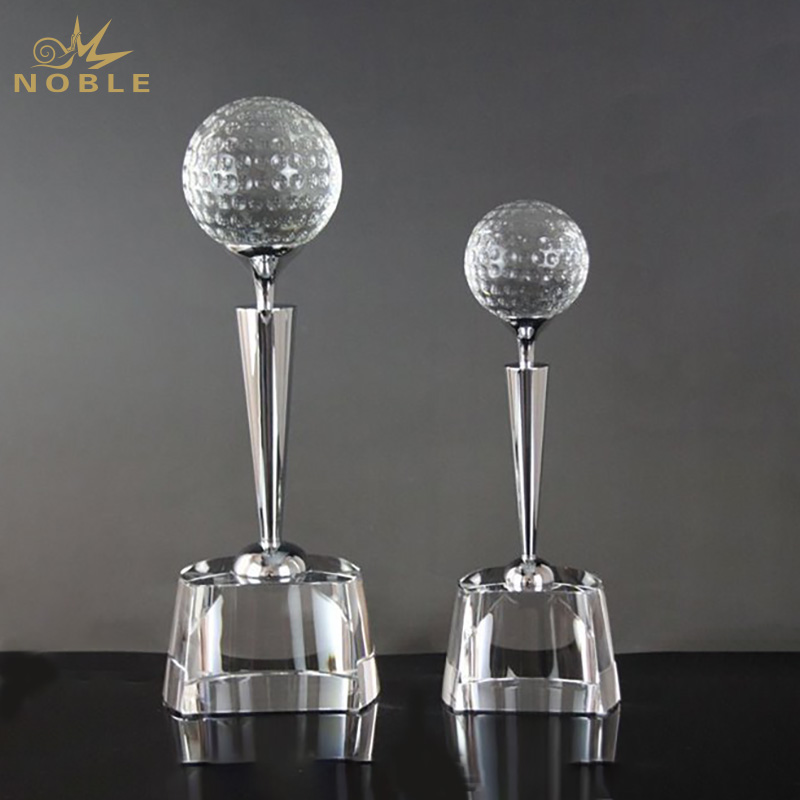Noble Round Crystal Face And Crystal Golf Ball & Tee Mounted on Black Crystal Base Golf Trophy Award
