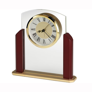 Noble Manufacturer Crystal Glass Clock With Red Wood Base Business Gift Customized Bespoke Logo Office Decoration Trophy Award Hand Craft Desk Gift