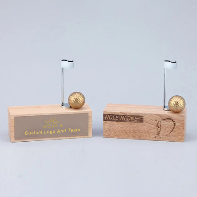 Noble High Quality Gold Metal Golf Ball Flag With Wood Base Business Gift Sports Awards Custom Bespoke Logo Golf A Hole in One Trophy