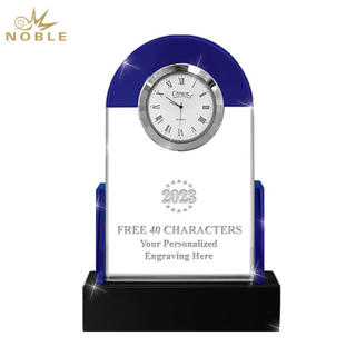 Noble Manufacturer Blue Crystal Glass Clock Business Gift Customized Bespoke Logo Office Decoration Trophy Award Hand Craft Tabletop clock