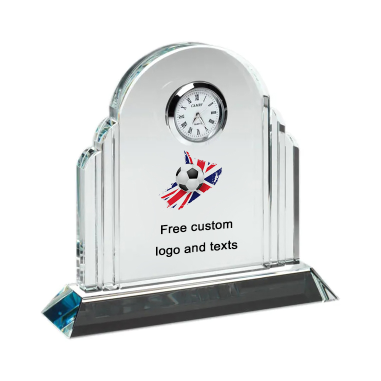 Noble Manufacturer Wholesale Crystal Glass Clock With Custom Logo UK Gift Sport Soccer Trophy Award Craft Tableclock