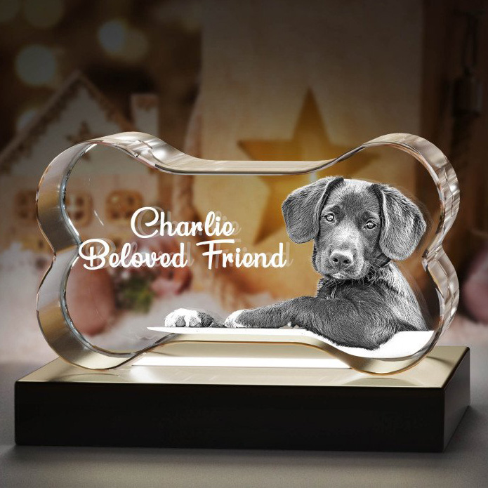 Noble Crystal Bone With 3D Laser Engraving Picture Inside Dog Pet Gift Paperweight