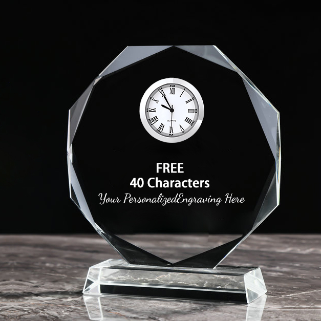 Noble Manufacturer Crystal Glass Clock Business Gift Customized Bespoke Logo Office Decoration Trophy Award Hand Craft Desk Gift