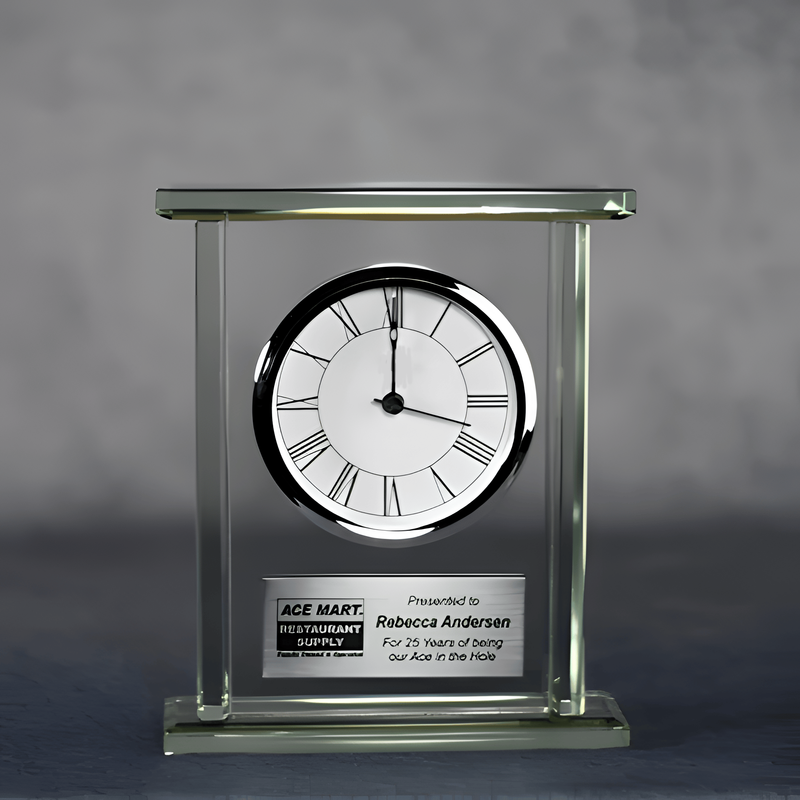 Noble Manufacturer Jade Glass Clock With Metal Base Business Gift Customized Bespoke Logo Office Decoration Trophy Award Hand Craft Desk Gift