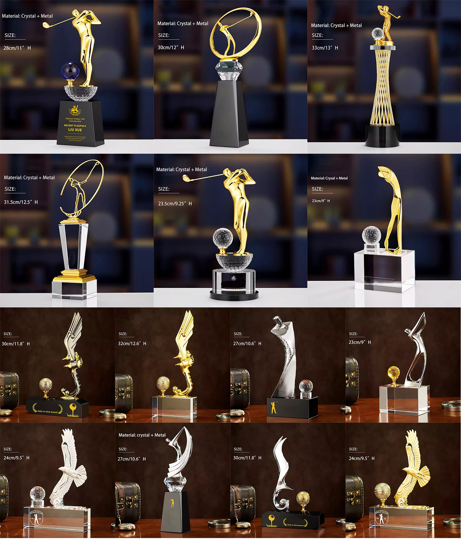 Noble High Quality K9 Crystal Business Gift Sports Awards Custom Bespoke Logo Golf A Hole in One Trophy Hand Craft