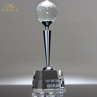 Noble Round Crystal Face And Crystal Golf Ball & Tee Mounted on Black Crystal Base Golf Trophy Award